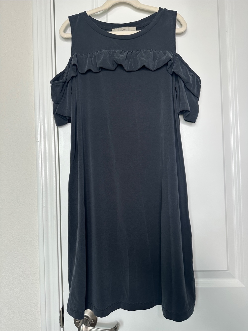 LOFT Cold-Shoulder Ruffle Midi Dress in Dark Charcoal